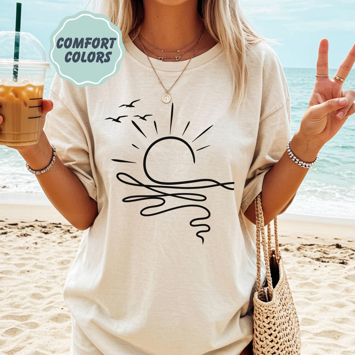 Comfort Colors Sun Ocean Shirt - Linear Graphic Boho Summer T Shirt - Trendy Beach Tee - Cute Minimalist Summer Tee