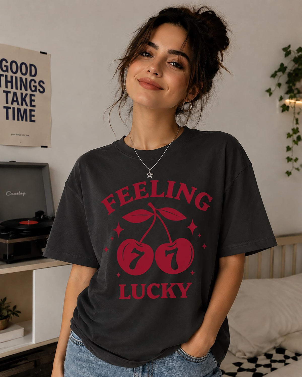 Feeling Lucky Cherry T-Shirt, Cute Retro Cherry Tee, Lucky 7 Graphic Shirt, Aesthetic Oversized Tee, Trendy Women's Graphic Tshirt