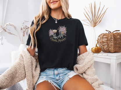Dreamy Horizons Kitten T-Shirt, Vintage Bicycle Cat Tee, Cottagecore Gift for Cat Owner, Trendy Soft Pastel Design, Women's Comfort Tee