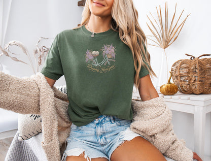 Dreamy Horizons Kitten T-Shirt, Vintage Bicycle Cat Tee, Cottagecore Gift for Cat Owner, Trendy Soft Pastel Design, Women's Comfort Tee