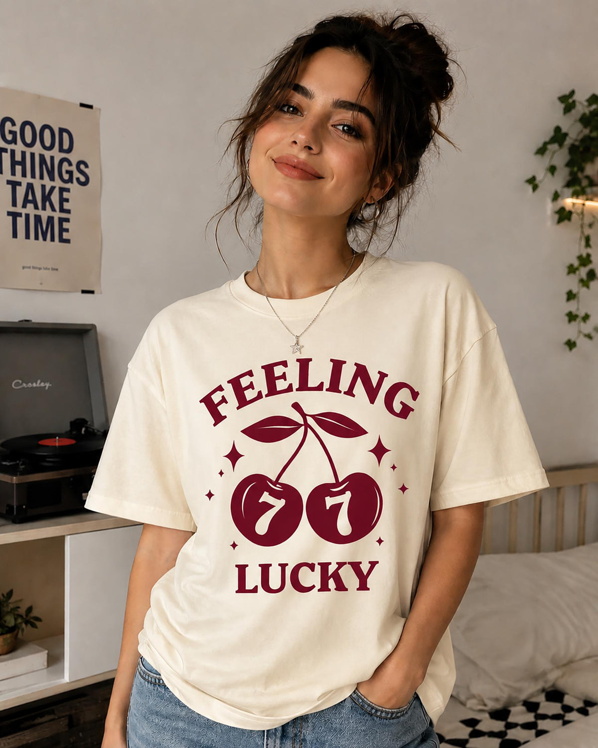 Feeling Lucky Cherry T-Shirt, Cute Retro Cherry Tee, Lucky 7 Graphic Shirt, Aesthetic Oversized Tee, Trendy Women's Graphic Tshirt
