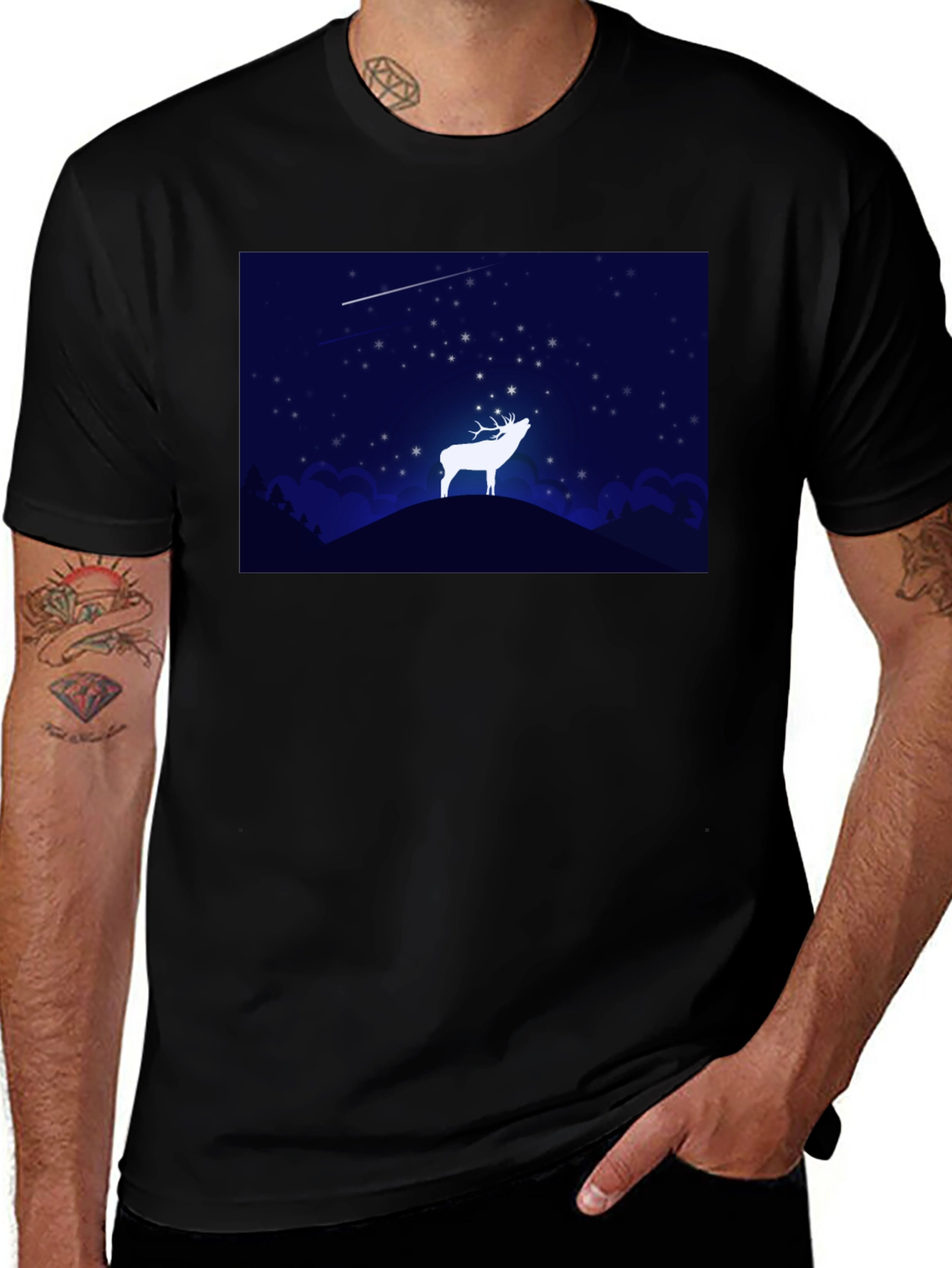 Starry Night Deer Graphic Black T-Shirt